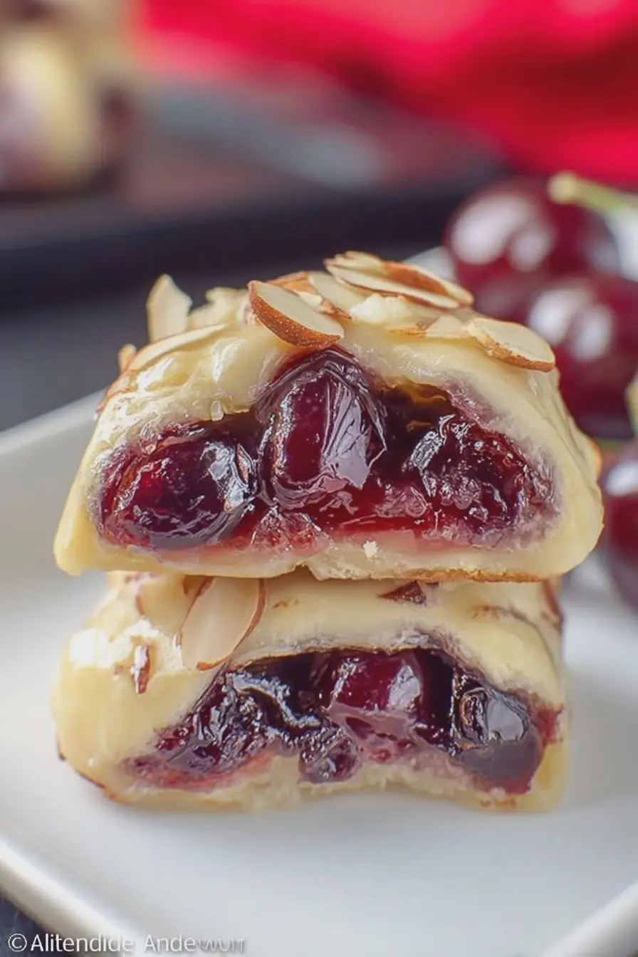 Close-up of cherry almond brie bites on a wooden board, garnished with cherries and almonds.