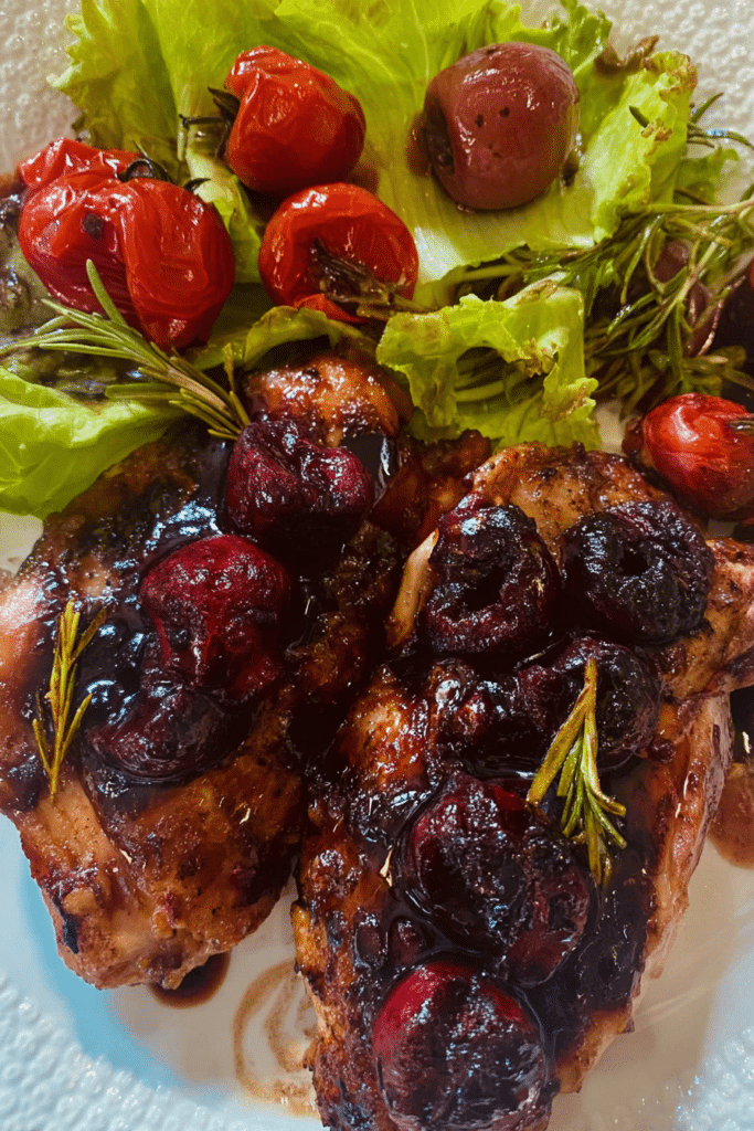 Plated cherry chicken with balsamic rosemary glaze, garnished with fresh rosemary and surrounded by roasted vegetables.