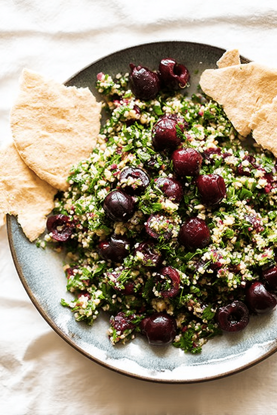 Cherry tabbouleh salad served in a colorful bowl, topped with fresh herbs and drizzled with olive oil.