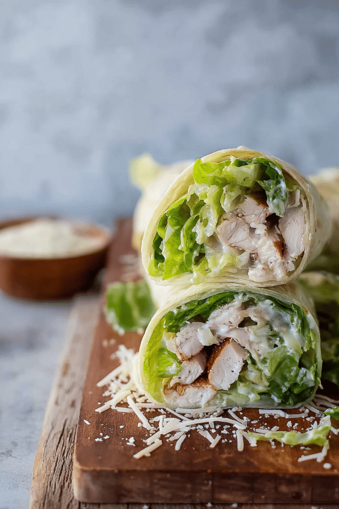Close-up of a Chicken Caesar Wrap cut in half with lettuce, chicken, and parmesan cheese, served with Caesar dressing.