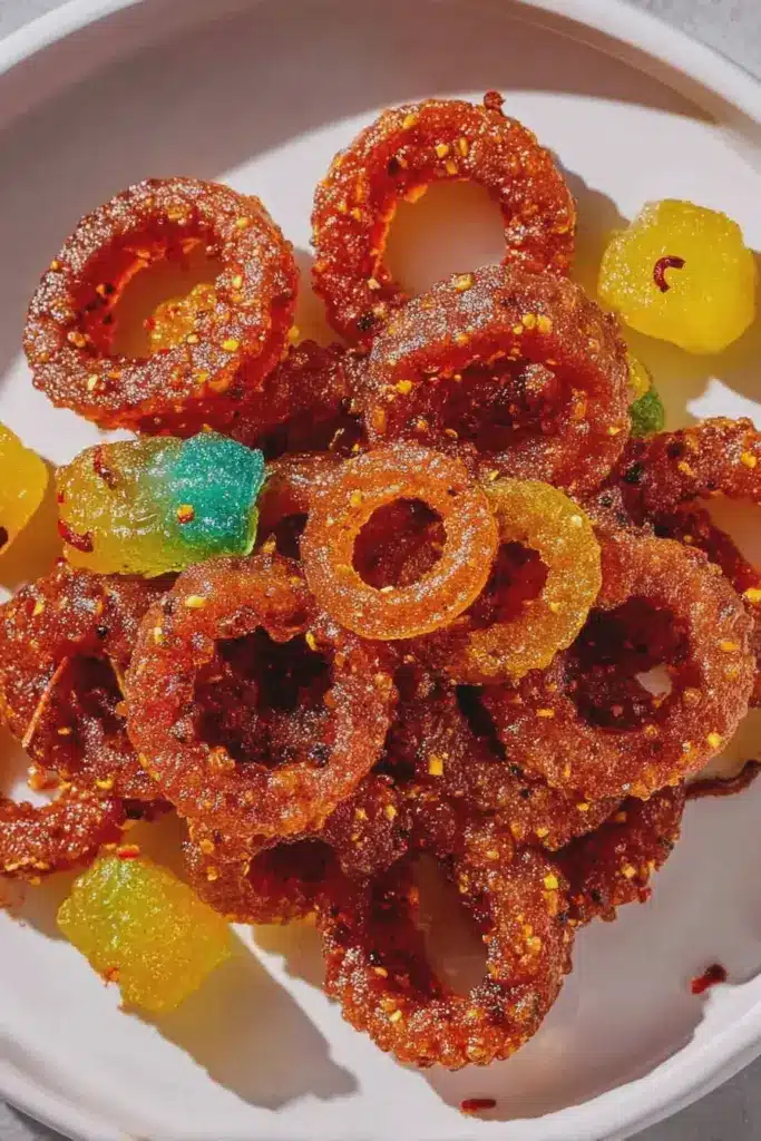 Colorful chamoy candy with gummy worms and sour belts coated in tajin and chamoy sauce on a vibrant Mexican-themed background.