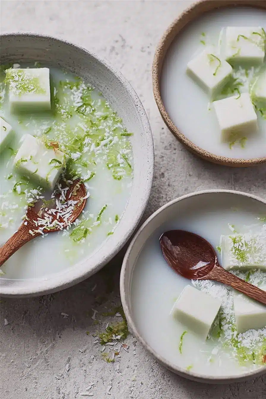 Coconut-and-lime jelly bowl garnished with lime zest and fresh coconut, on a colorful tropical background.