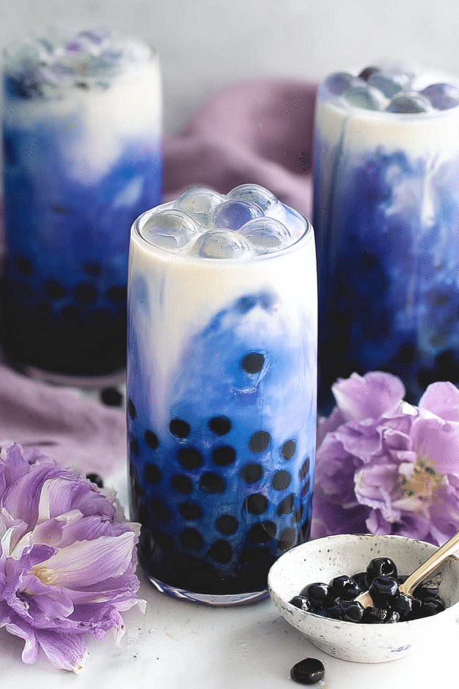 Glass of coconut butterfly pea flower boba tea with blue color and coconut cream layered, garnished with mint leaves.