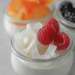 Colorful coconut jelly dessert topped with fresh fruit in clear glass jars, showcasing a creamy texture and tropical appeal.