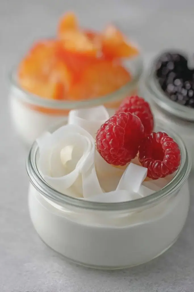 Colorful coconut jelly dessert topped with fresh fruit in clear glass jars, showcasing a creamy texture and tropical appeal.