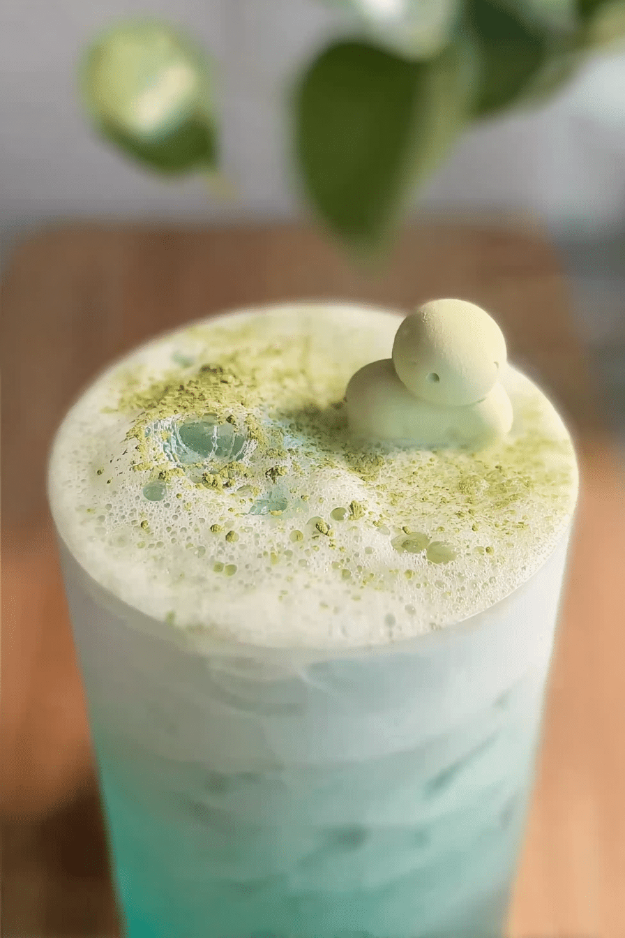 Layered Coconut Matcha Cloud drink with coconut water and matcha cold foam, garnished with coconut slice.