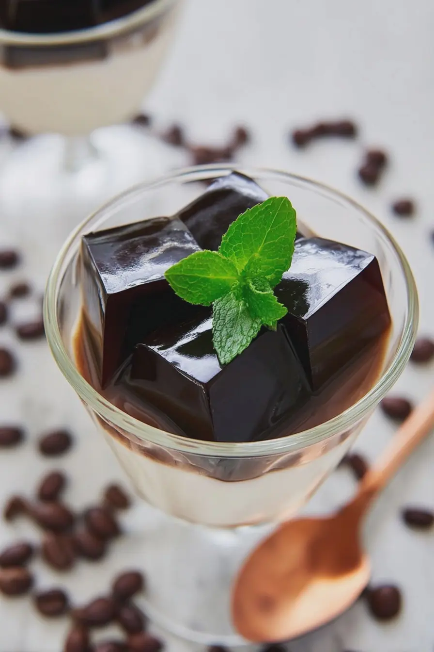 Delicious coffee jelly served in a bowl with a drizzle of cream and coffee beans on top.