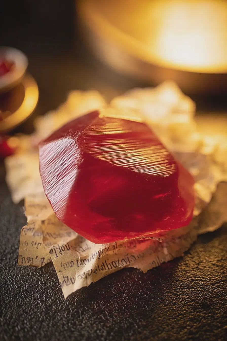 Close-up of colorful candy philosopher's stones with a shiny exterior and jewel-like shapes, inspired by Harry Potter.