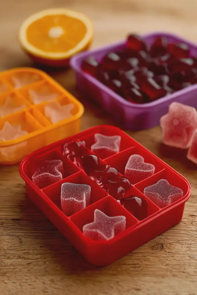 Colorful homemade fruit gummies made with fresh fruit purees, displayed on a wooden table with berries and citrus around them.