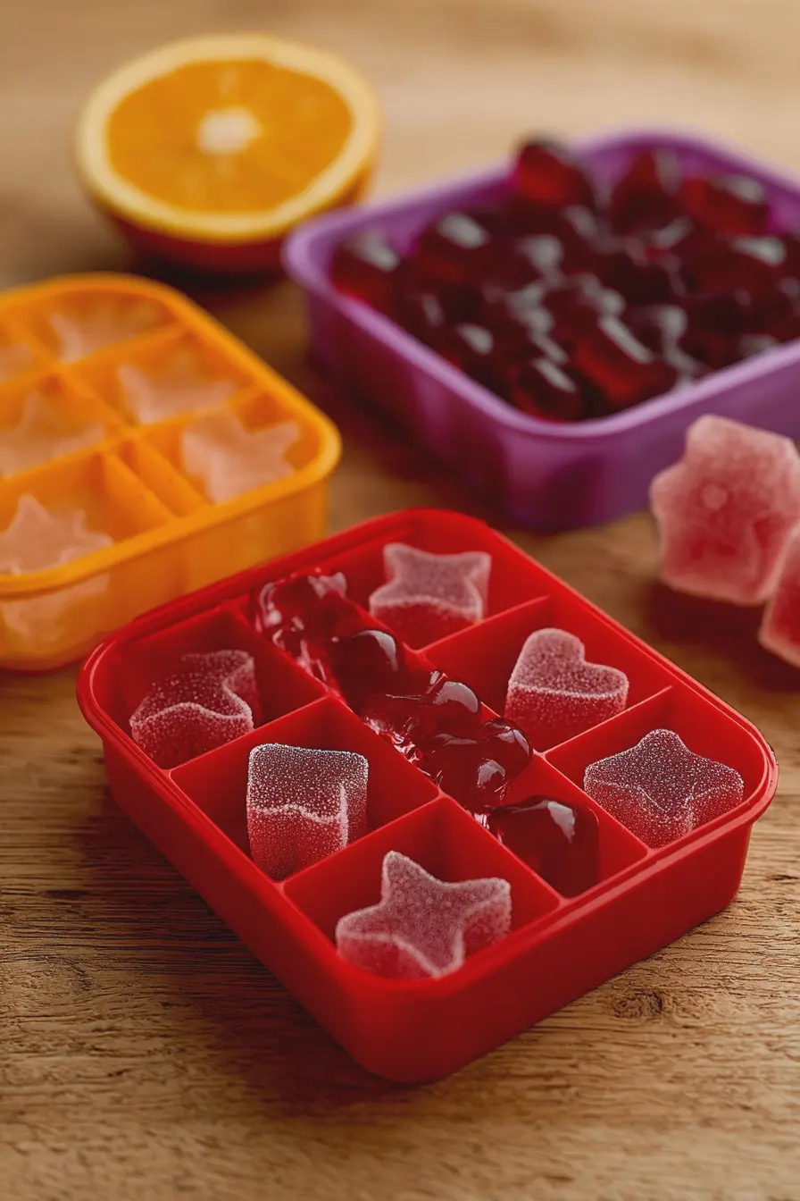 Colorful homemade fruit gummies made with fresh fruit purees, displayed on a wooden table with berries and citrus around them.