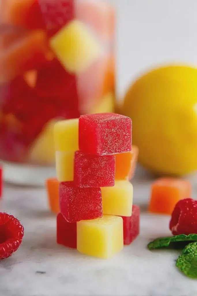 Colorful paleo homemade gummies made with real fruit on a flat lay with strawberries, oranges, and honey.