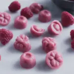Colorful probiotic gummies shaped like bears and fruits on a wooden table with fresh berries.