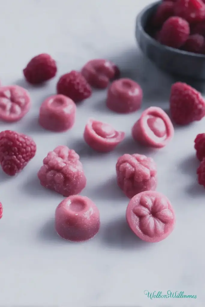 Colorful probiotic gummies shaped like bears and fruits on a wooden table with fresh berries.