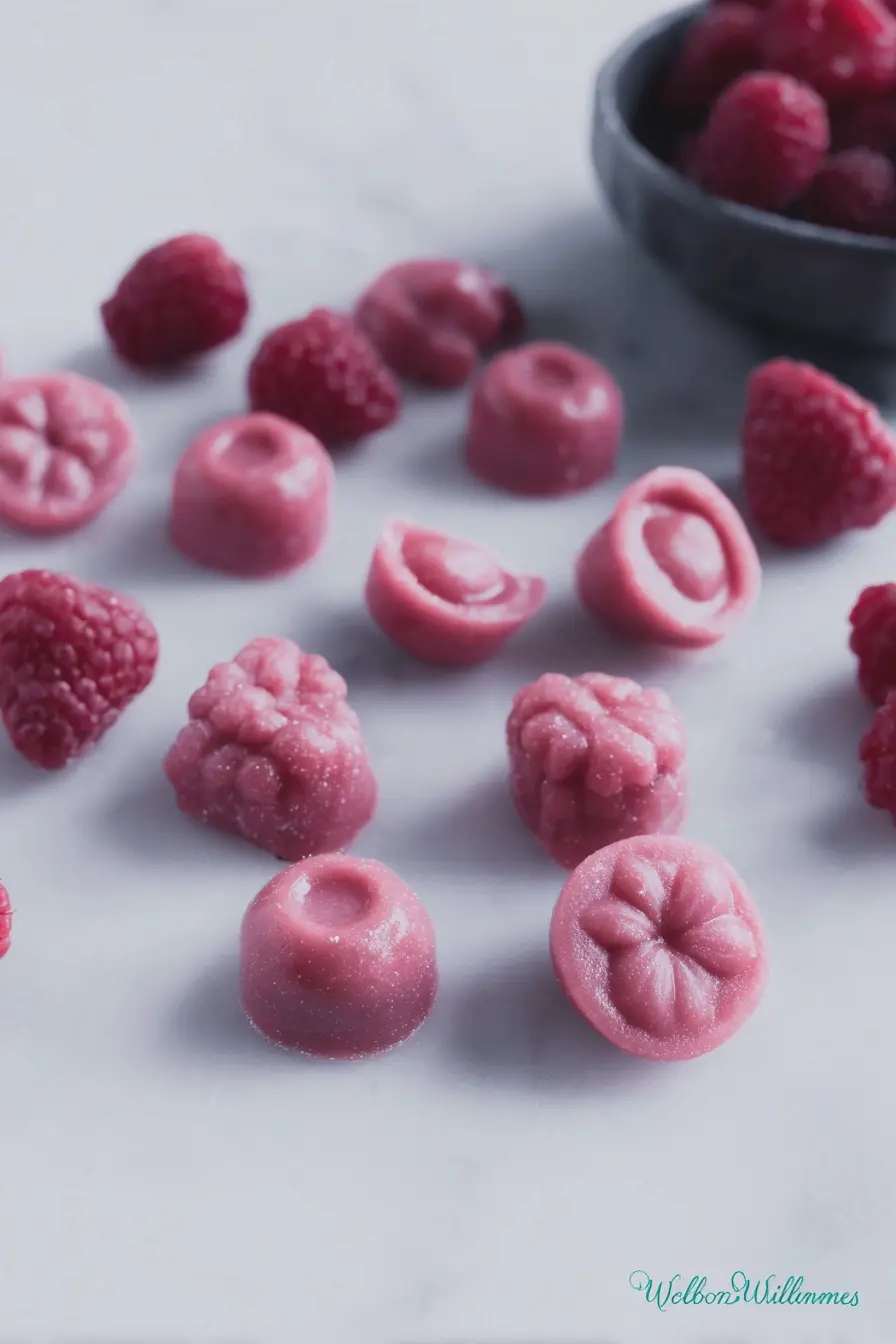 Colorful probiotic gummies shaped like bears and fruits on a wooden table with fresh berries.