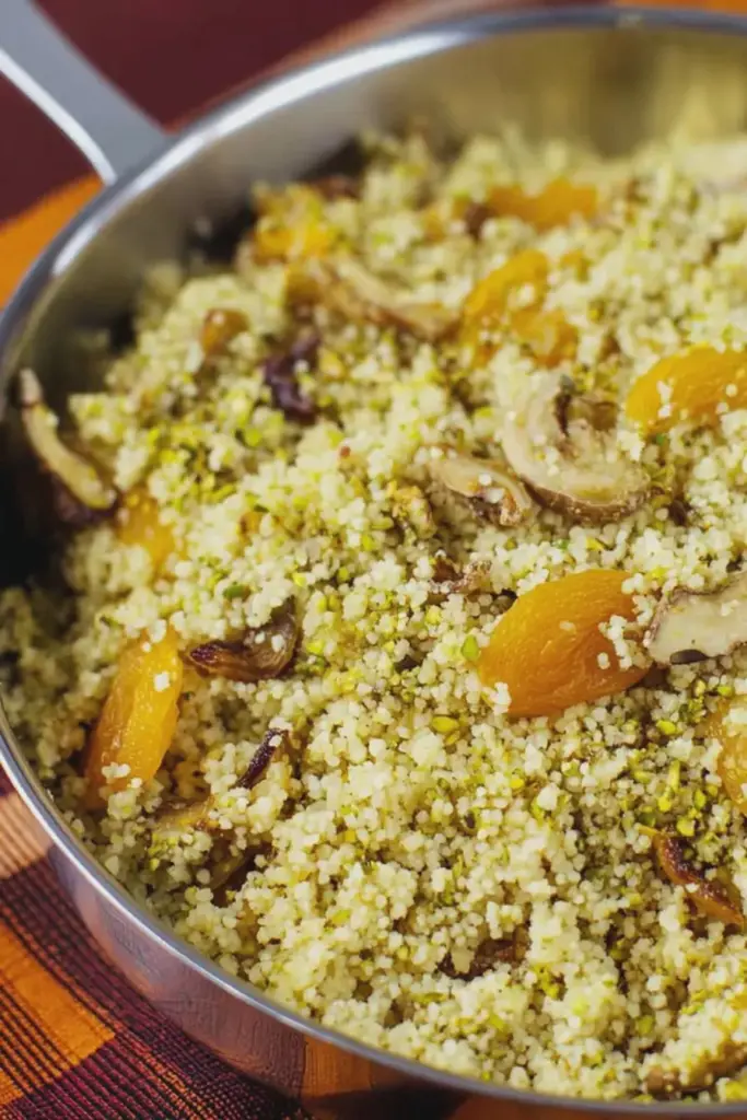 Bowl of couscous with apricots, pistachios, and lemon zest on a wooden table.