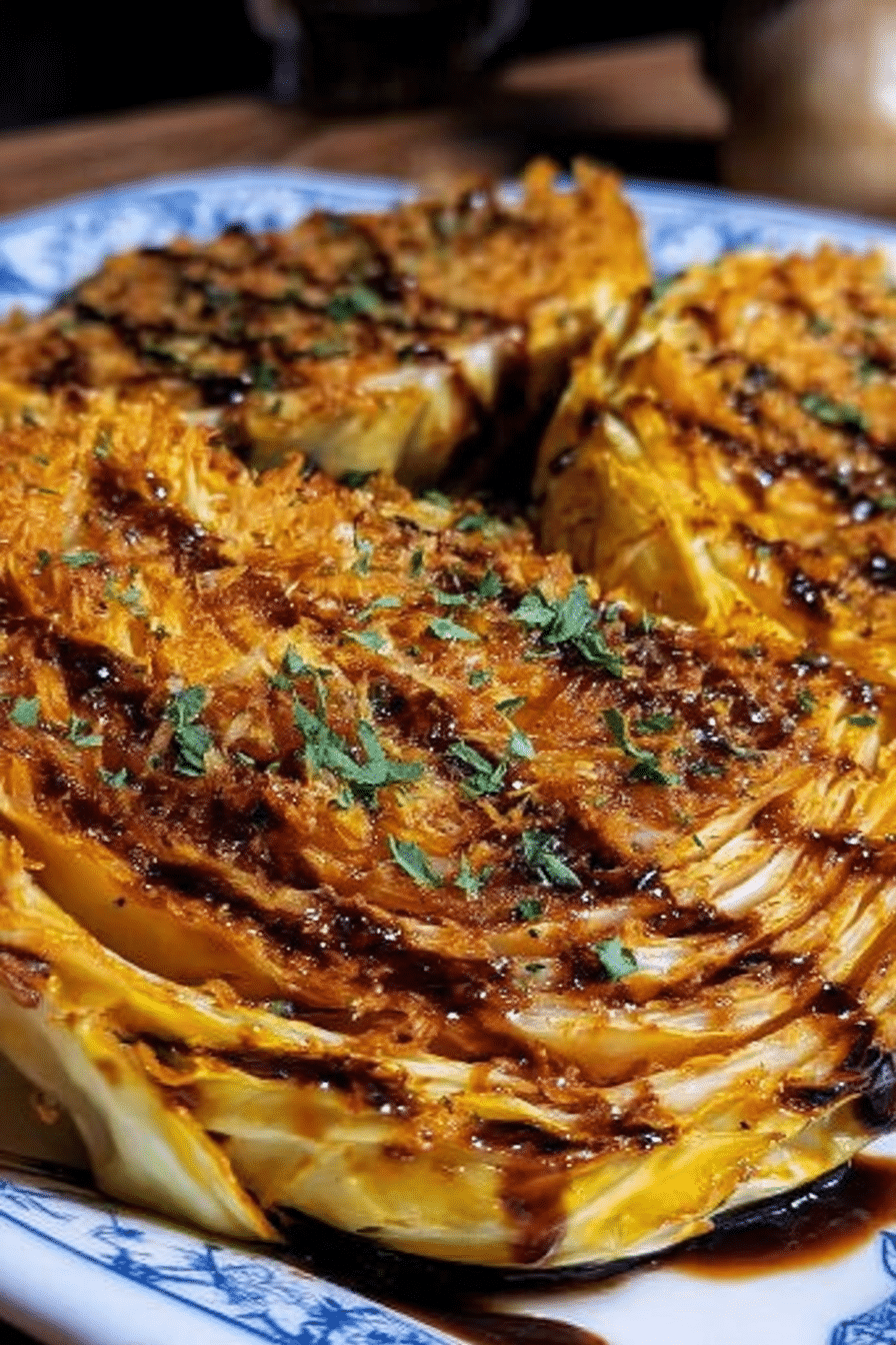 Crispy parmesan garlic cabbage steaks garnished with parsley and balsamic vinegar, showcasing a delicious and healthy side dish.