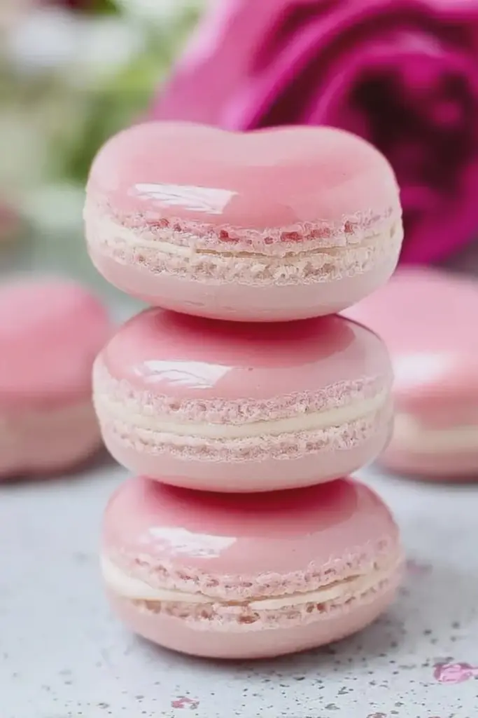 Close-up of delicate lychee rose macarons on a pastel plate with rose petals.