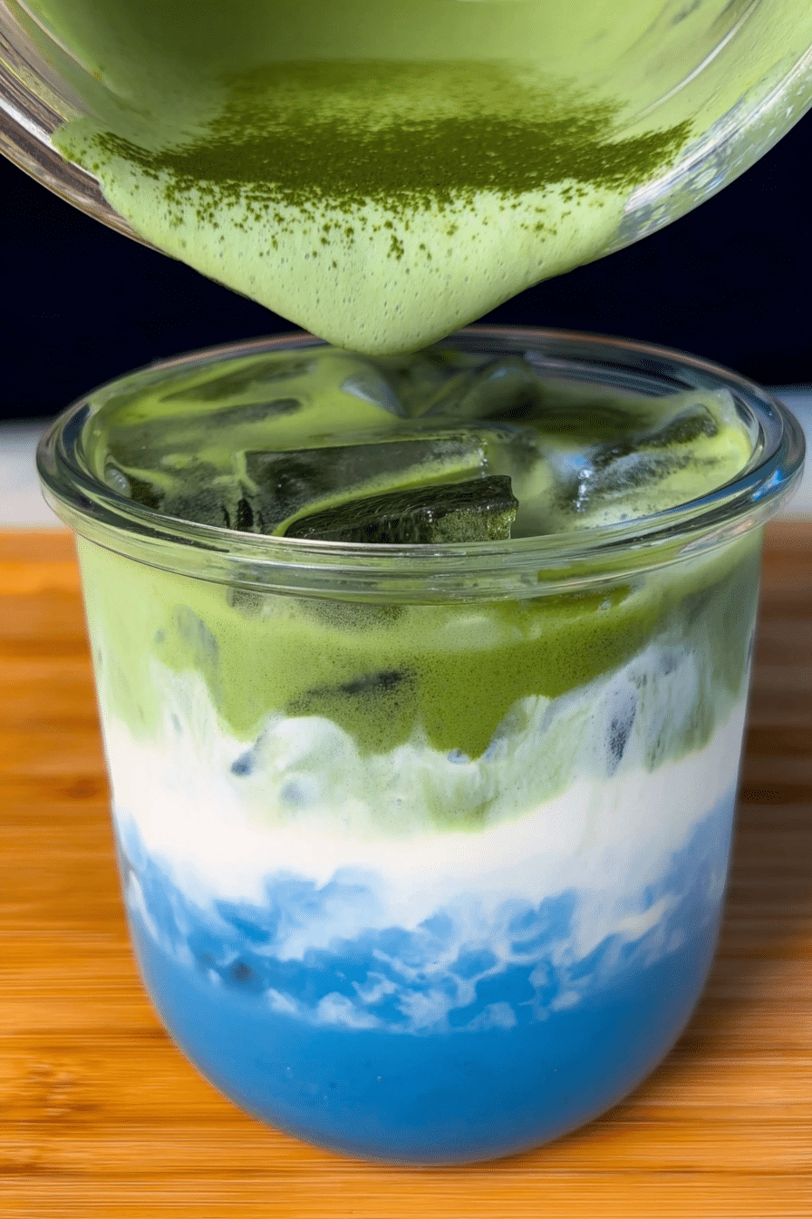 Earth Day matcha latte with layered blue spirulina and green matcha, decorated with yogurt clouds and spring flowers.