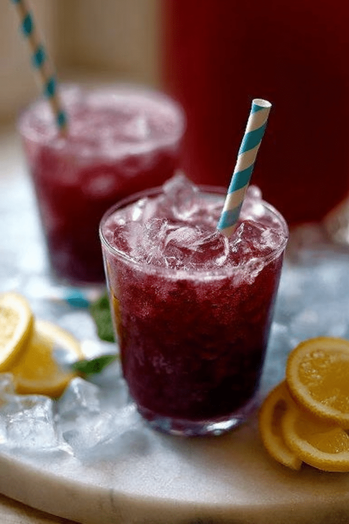 A glass of fresh blueberry and mint lemonade surrounded by blueberries and mint leaves, showcasing the vibrant colors and refreshing nature of the drink.