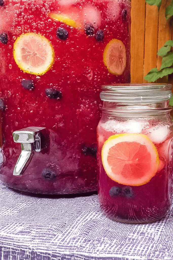 Frosty blueberry lemonade in a glass with blueberries and lemon slice on a summer table.