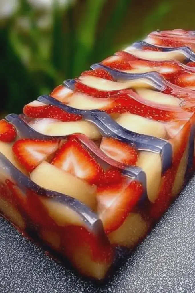 Sliced fruit terrine displaying vibrant layers of strawberries, bananas, and blueberries on a decorative plate.