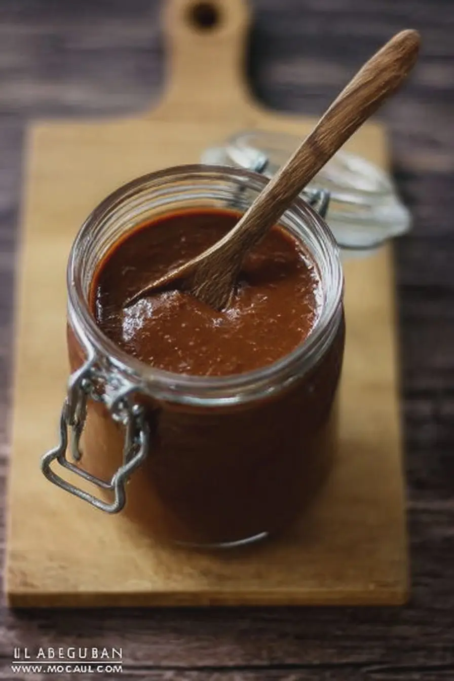 Ginger peach barbecue sauce in a jar surrounded by fresh peaches and ginger roots.