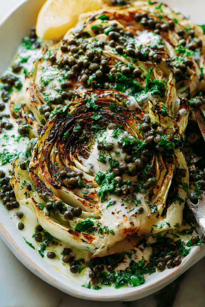 Close-up of grilled cabbage steaks with jalapeño chimichurri lentils and maple mustard tahini, garnished with parsley.