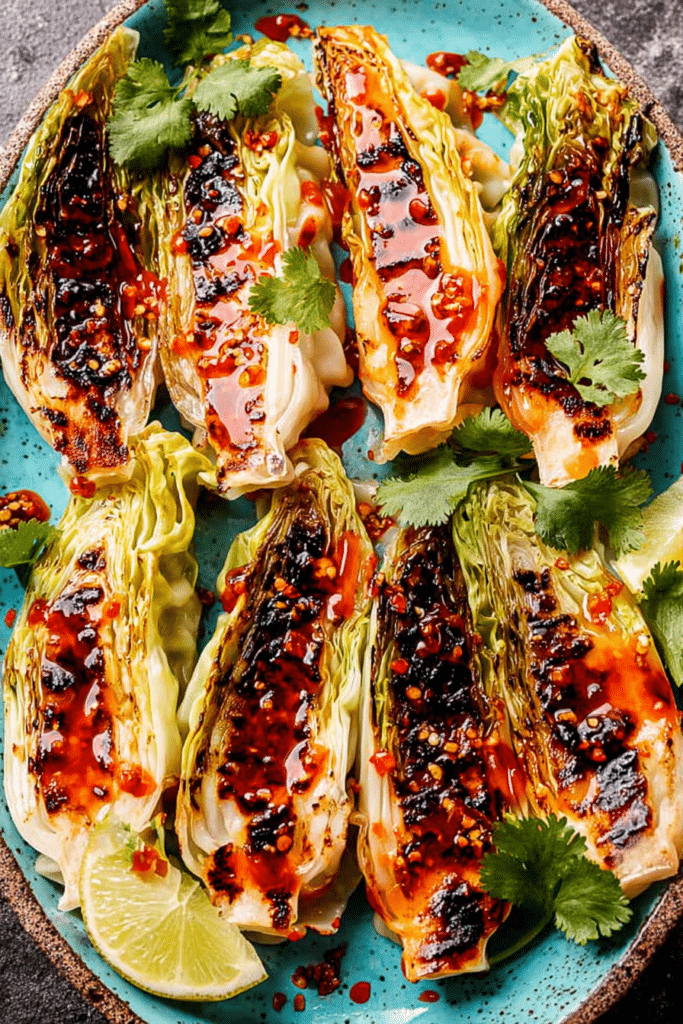 Grilled cabbage half topped with sweet chili sauce, lime wedges, and cilantro on a wooden table.