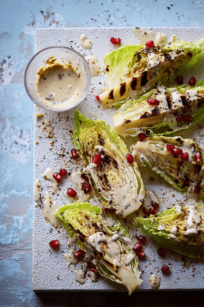 Grilled cabbage wedge topped with tahini dressing, pomegranate seeds, and toasted almonds on a wooden table.