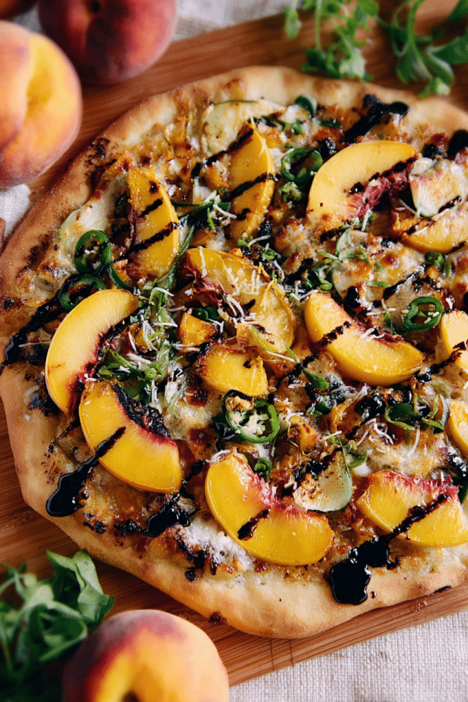 Close-up of grilled peach goat cheese pizza with jalapenos and fresh basil on a wooden cutting board.
