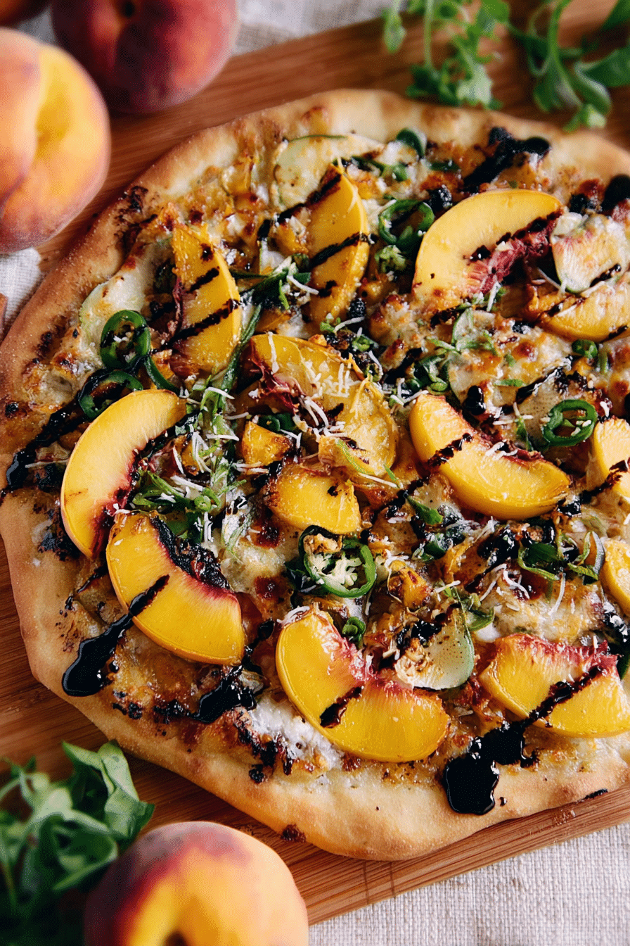 Close-up of grilled peach goat cheese pizza with jalapenos and fresh basil on a wooden cutting board.
