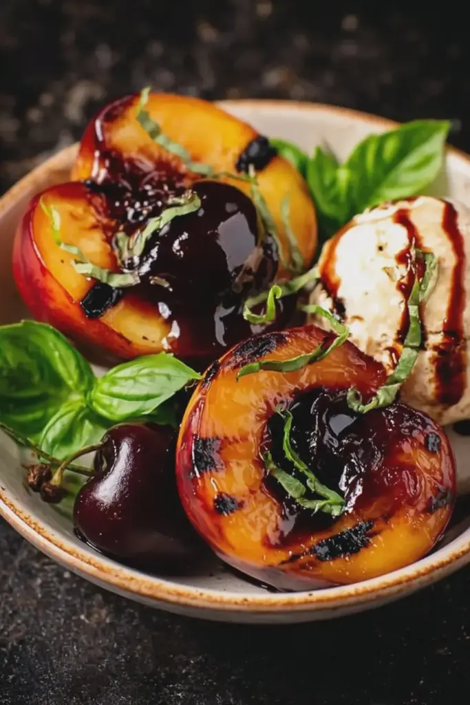 Grilled peach halves topped with cherry balsamic glaze and fresh basil, served warm on a BBQ grill.