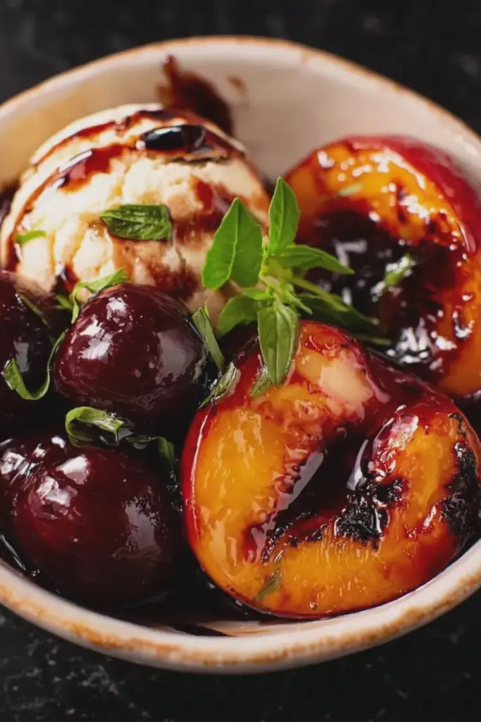 Grilled peaches with cherry balsamic glaze and fresh basil on a wooden table.
