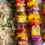 Grilled pineapple chicken kabobs with colorful bell peppers and onions on the barbecue.