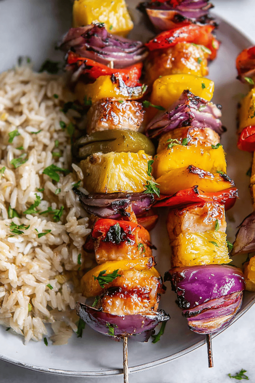 Grilled pineapple chicken kabobs with colorful bell peppers and onions on the barbecue.