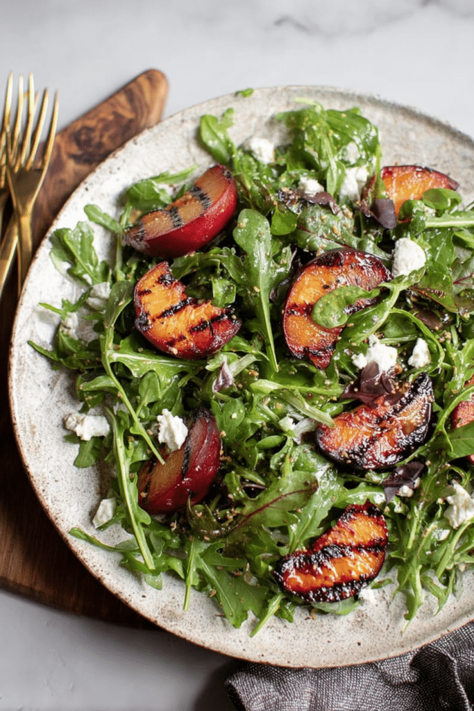 Grilled plum salad with goat cheese, arugula, and fresh herbs on a wooden table.