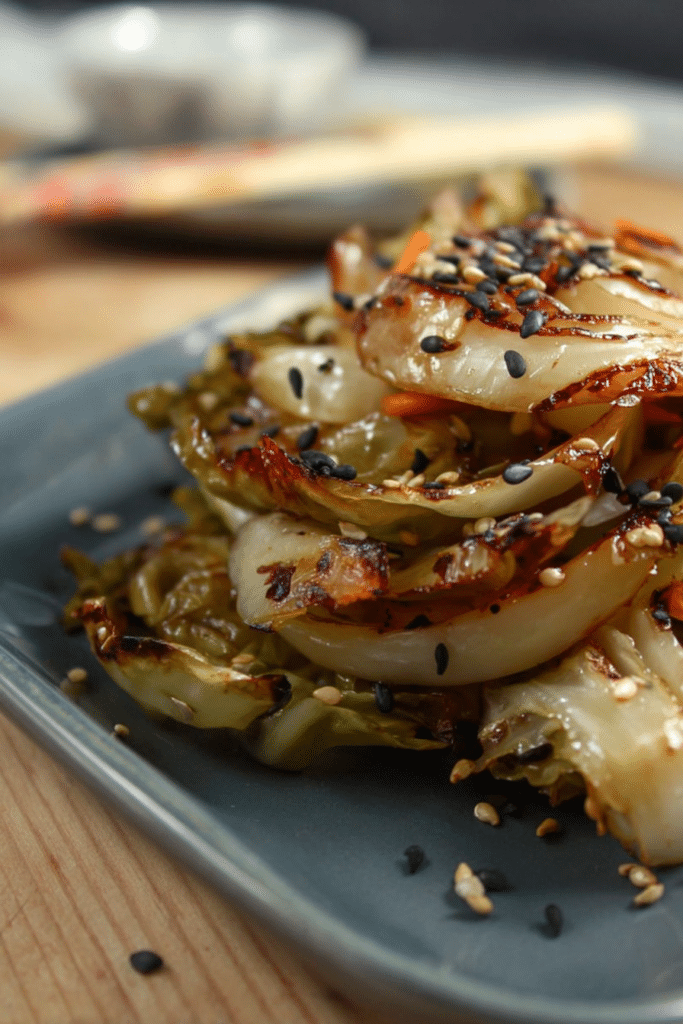 Grilled sesame ginger cabbage served on a wooden table with sesame seeds and soy sauce drizzle.