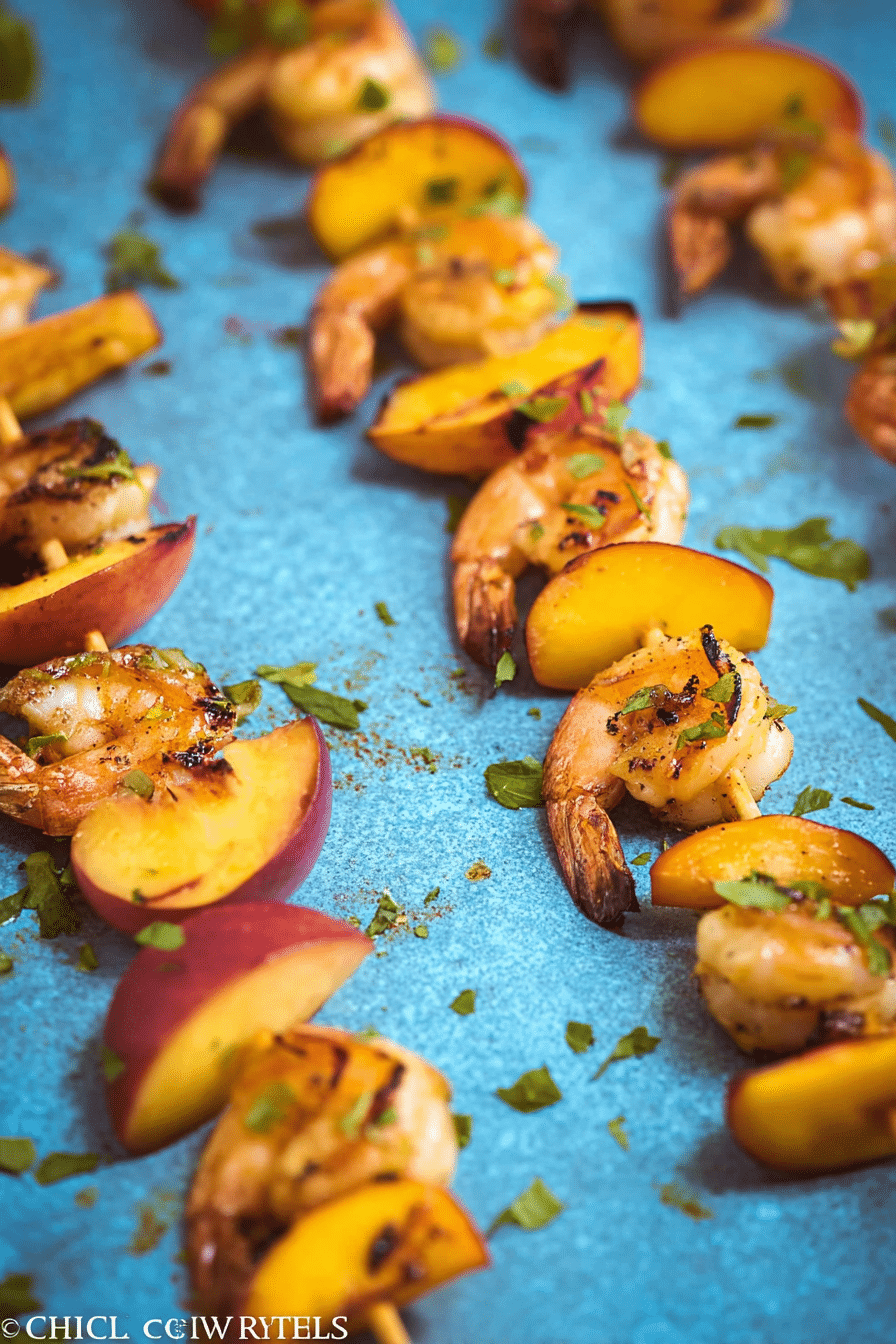 Delicious grilled shrimp and peach kabobs garnished with herbs on a rustic wooden table.