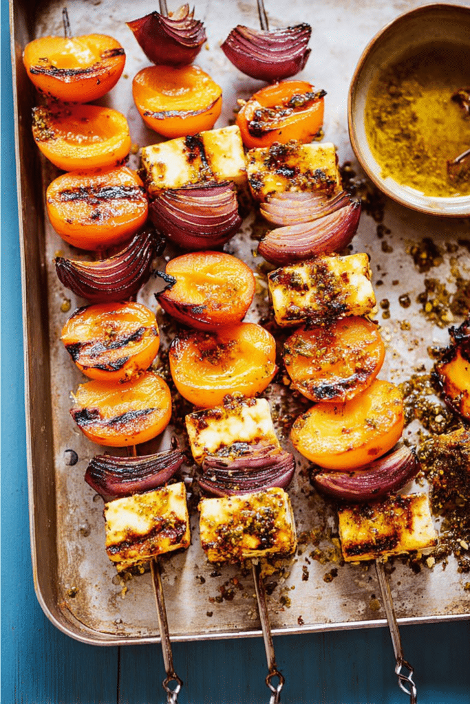 Halloumi apricot and pistachio skewers grilling over an outdoor barbecue, highlighting the caramelized apricots and textured halloumi cheese.