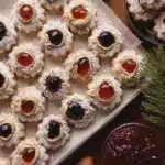 Plate of hazelnut jam print cookies with powdered sugar and raspberry jelly jar