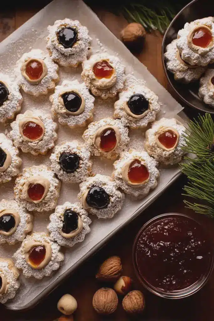 Plate of hazelnut jam print cookies with powdered sugar and raspberry jelly jar