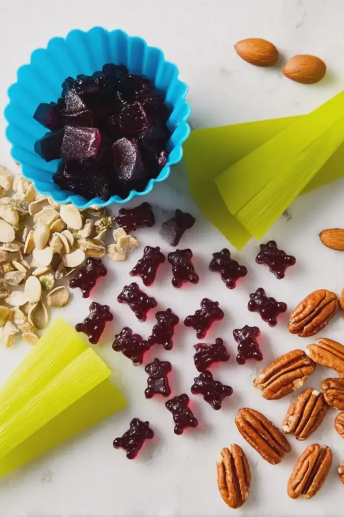 Healthy blueberry-beet gummies in a bowl with fresh blueberries and beets