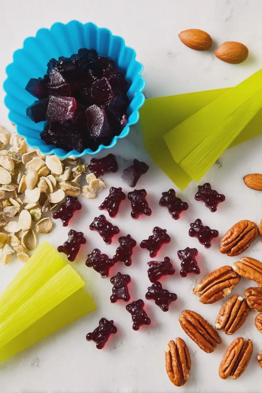 Healthy blueberry-beet gummies in a bowl with fresh blueberries and beets