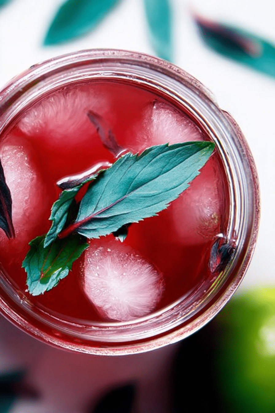 Glass of hibiscus lime iced tea with lime slices and mint leaves on a wooden table