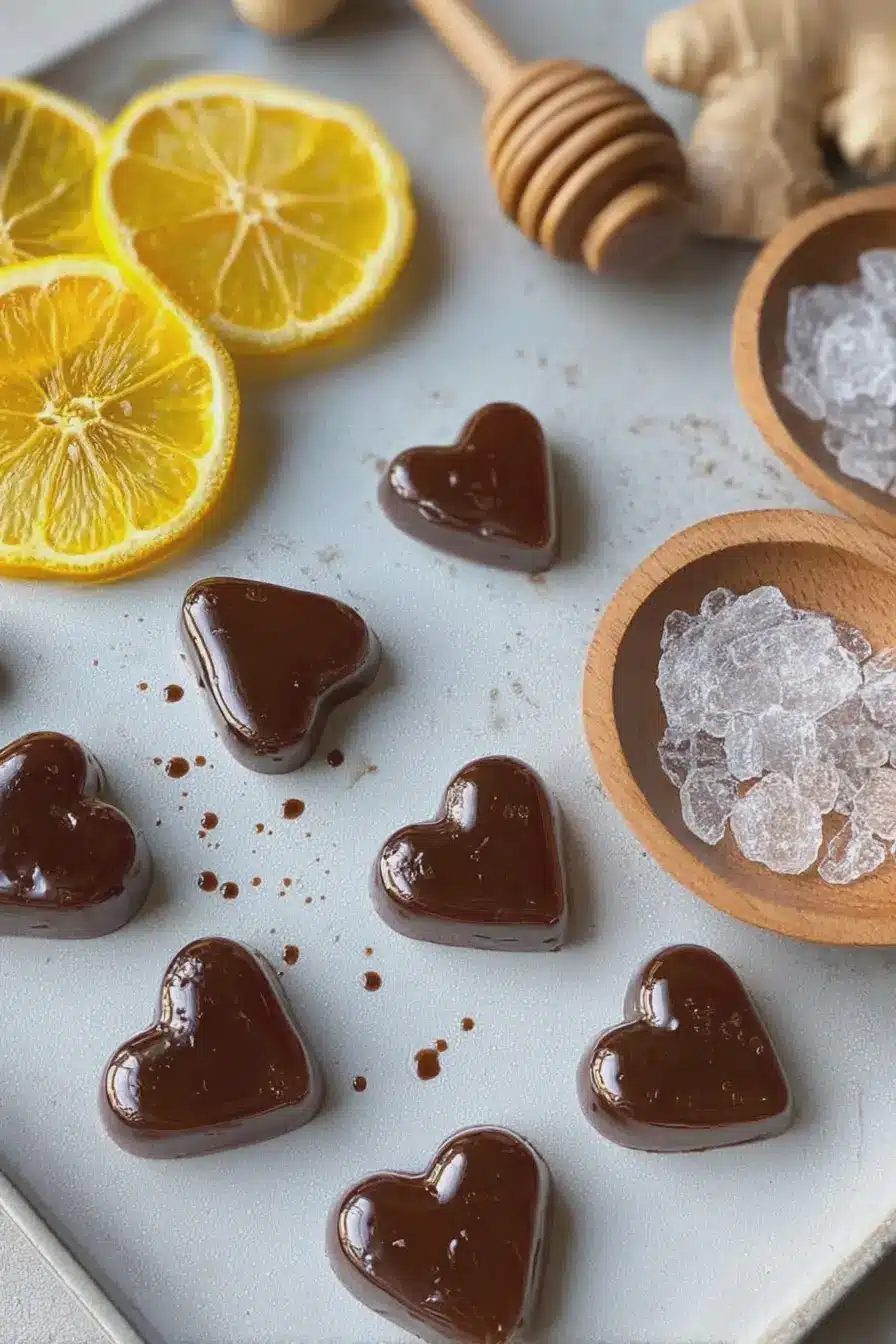 Homemade cough drops made with honey, lemon, and ginger displayed on a wooden table with fresh ingredients.