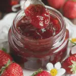 Jar of homemade strawberry jam with fresh strawberries and a wooden spoon, showcasing vibrant colors and a rustic setting.
