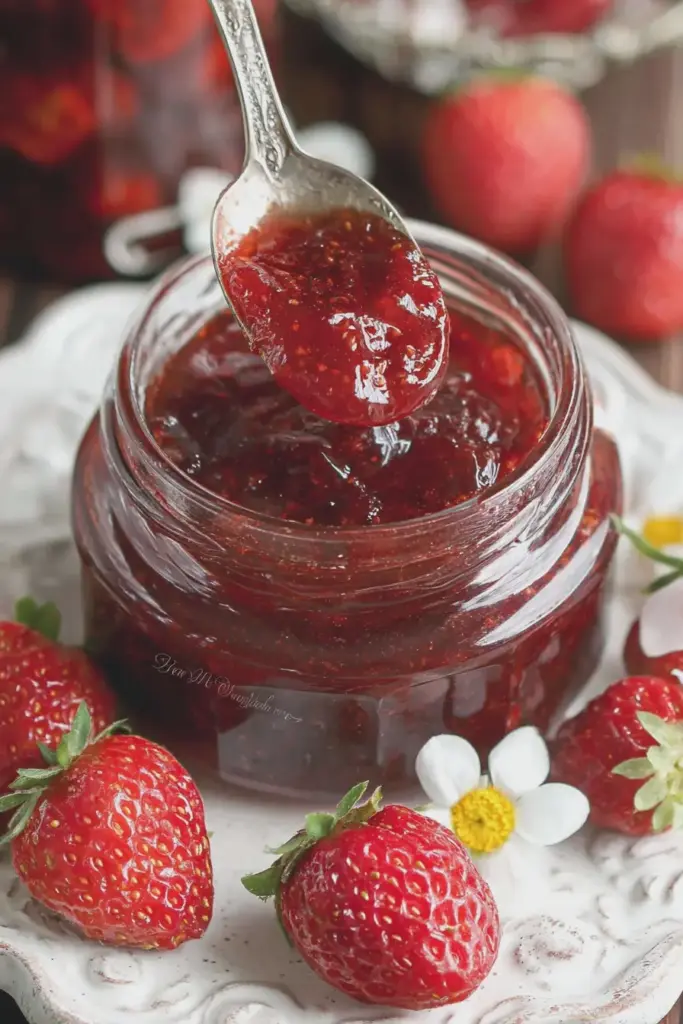 Jar of homemade strawberry jam with fresh strawberries and a wooden spoon, showcasing vibrant colors and a rustic setting.