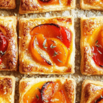 Delicious honey apricot tart with flaky pastry and fresh apricot slices on a wooden table.