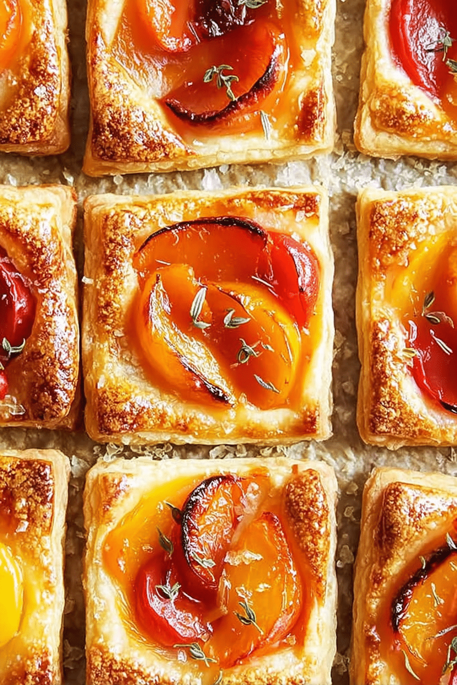 Delicious honey apricot tart with flaky pastry and fresh apricot slices on a wooden table.