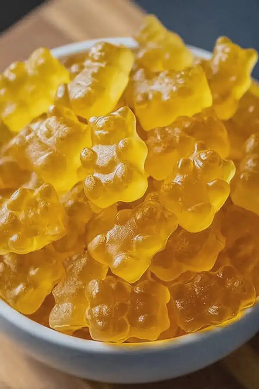 Colorful DIY honey lemon gummy bears with fresh lemons and honey jar on a wooden table.